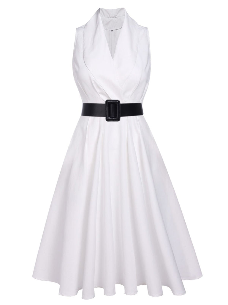 White 1950s Halter Belted Swing Dress