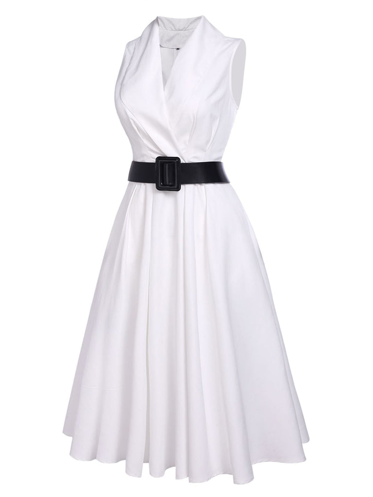 White 1950s Halter Belted Swing Dress