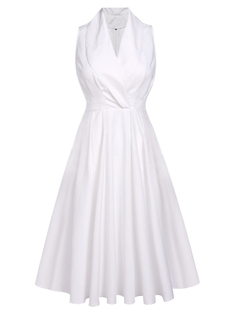 White 1950s Halter Belted Swing Dress