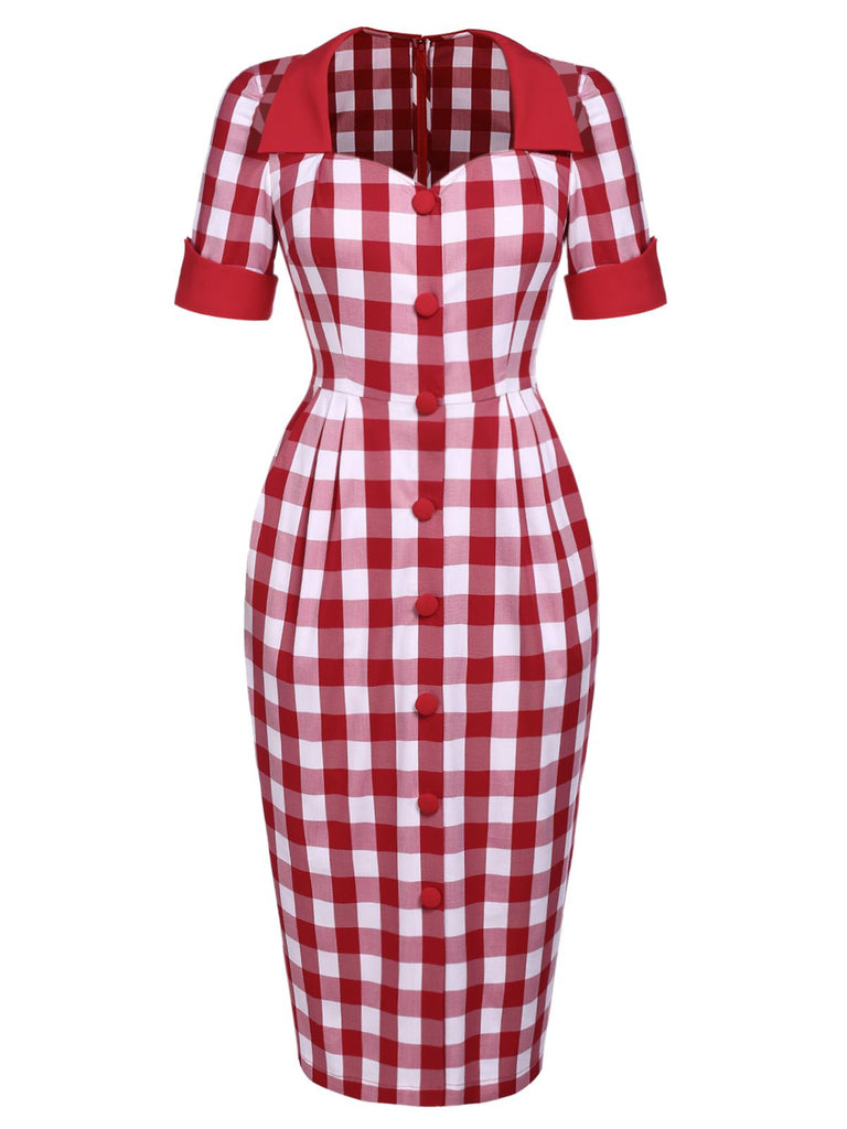 Red 1960s Checked Pockets Pencil Dress