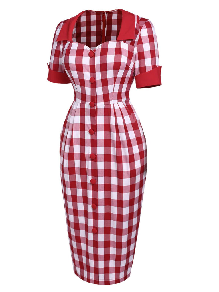 Red 1960s Checked Pockets Pencil Dress