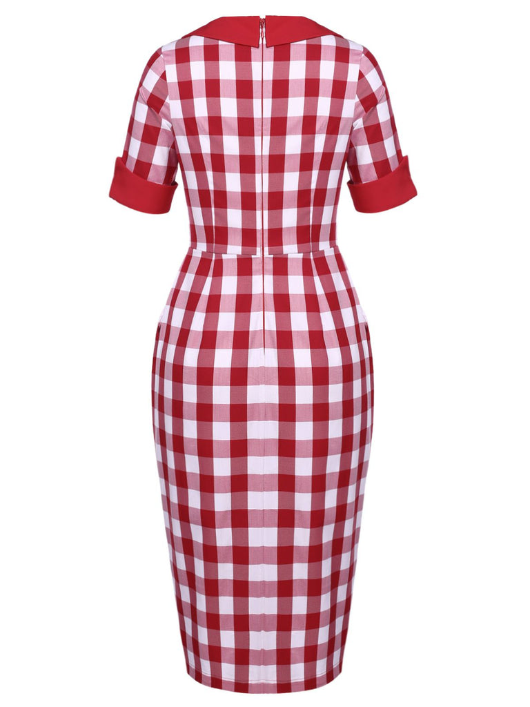 Red 1960s Checked Pockets Pencil Dress