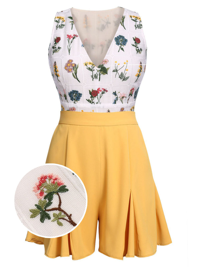 2PCS Yellow 1950s Embroidery Top & Pockets Shorts