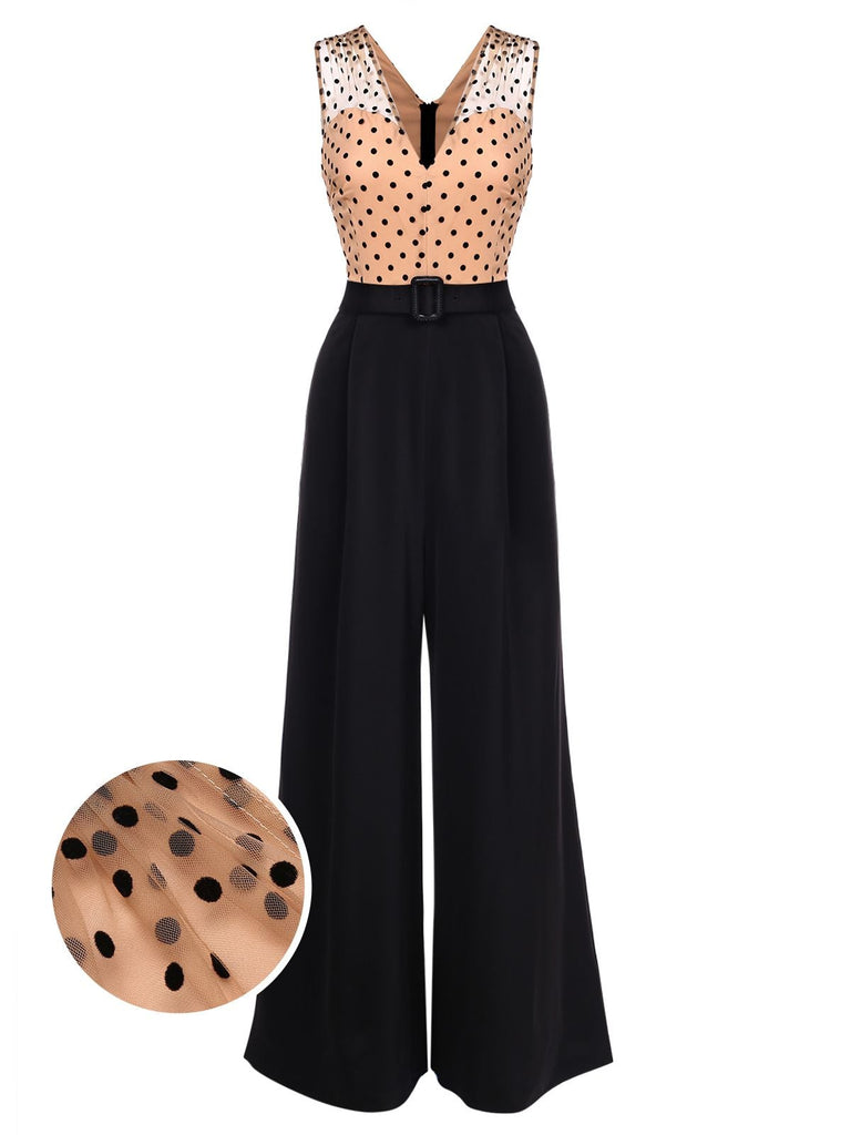 Black 1950s Polka Dot Patchwork Belt Jumpsuit