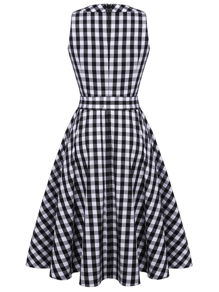 Black 1950s Check Lace Belt Swing Dress