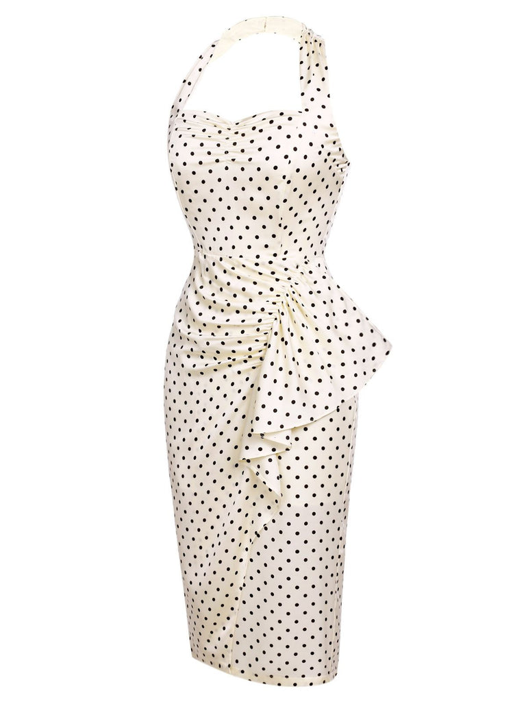 Ivory 1960s Polka Dot Halter Pencil Dress