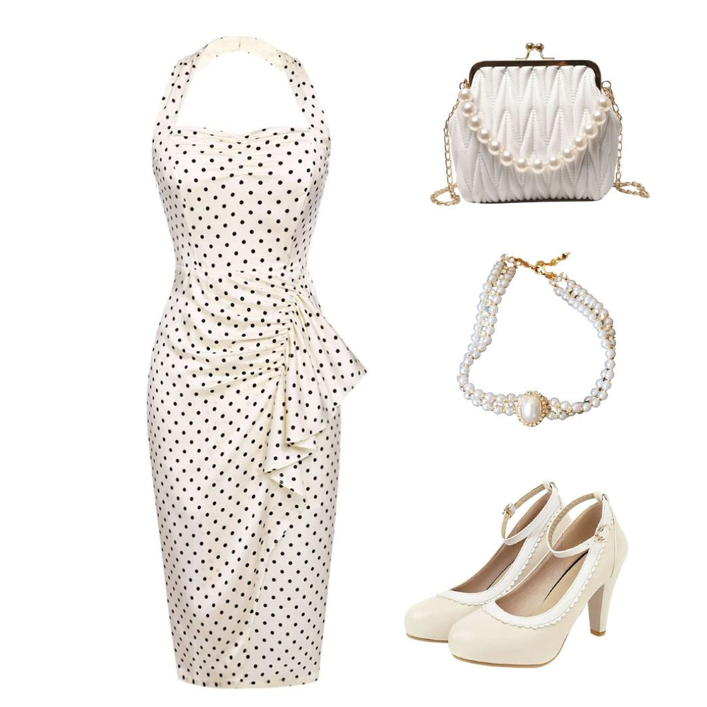 Ivory 1960s Polka Dot Halter Pencil Dress