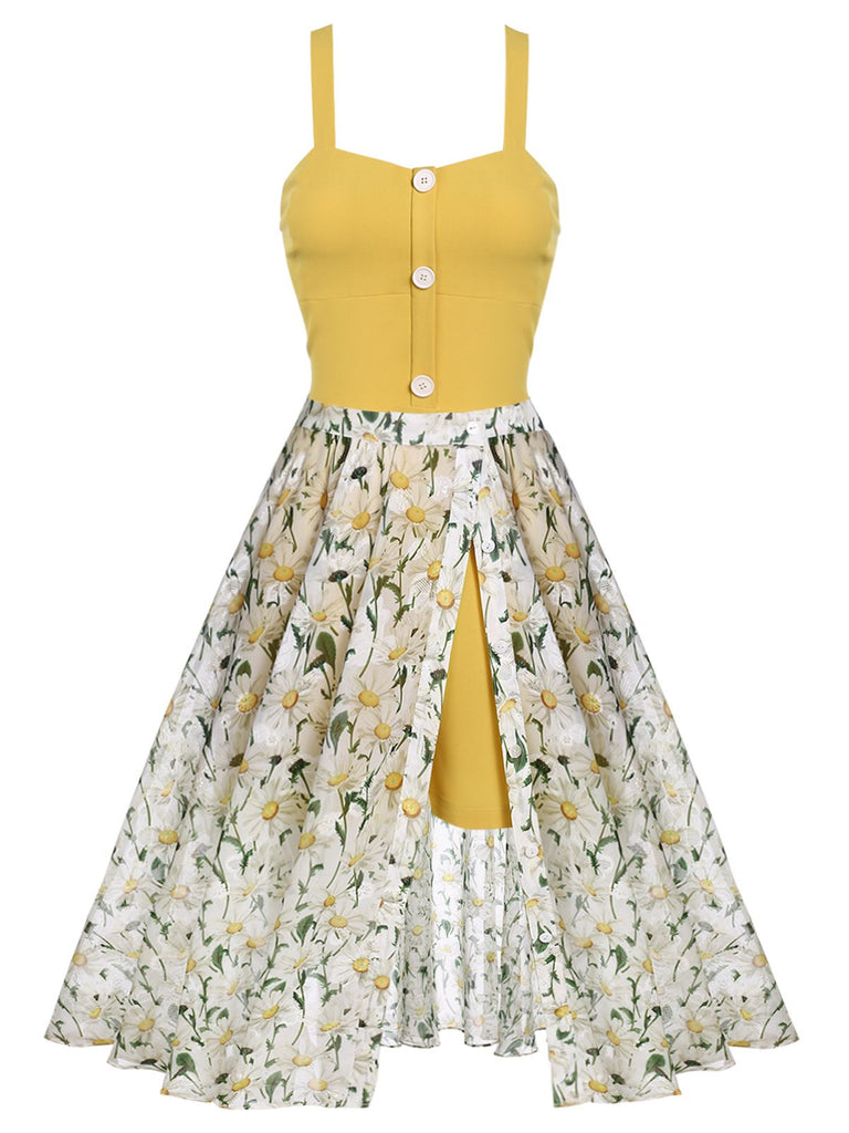 2PCS 1950s Yellow Romper & White Floral Skirt