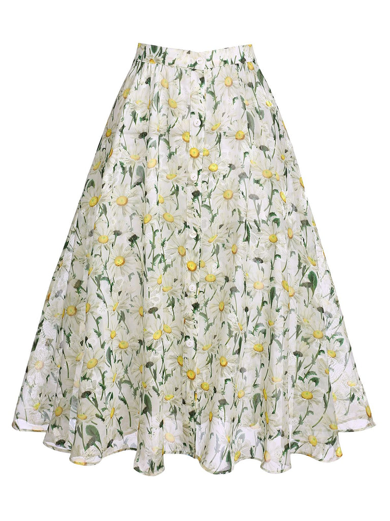 2PCS 1950s Yellow Romper & White Floral Skirt