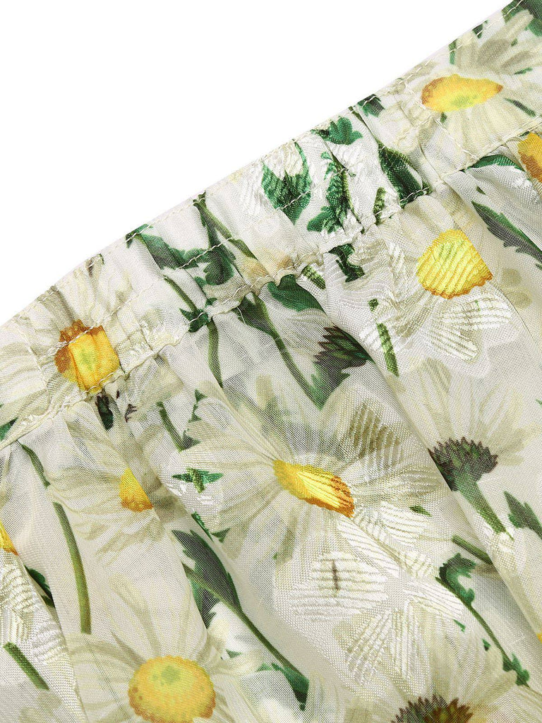 2PCS 1950s Yellow Romper & White Floral Skirt