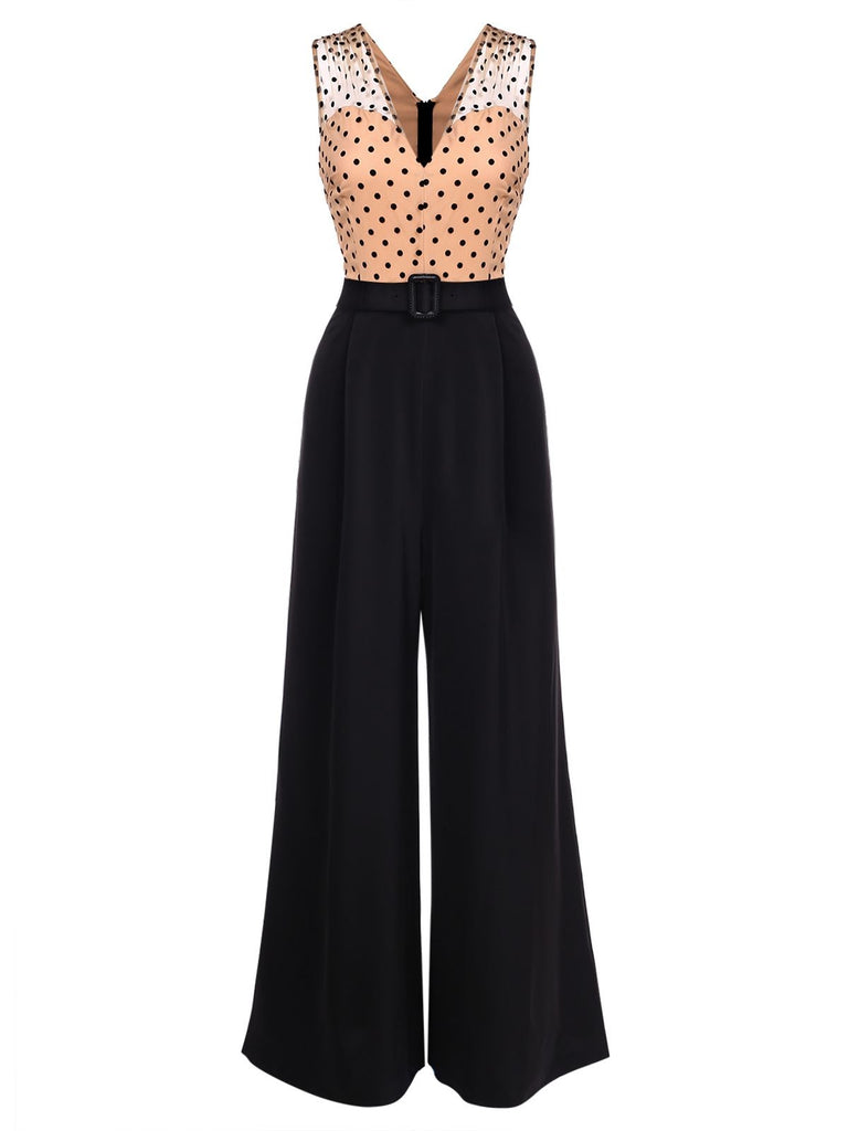 Black 1950s Polka Dot Patchwork Belt Jumpsuit