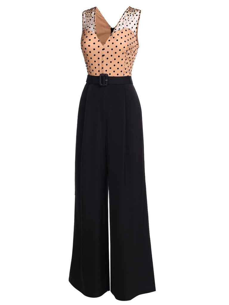 Black 1950s Polka Dot Patchwork Belt Jumpsuit