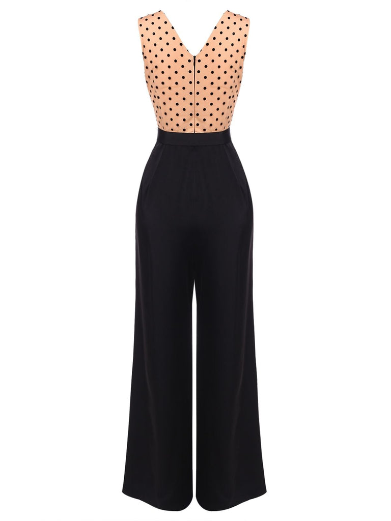 Black 1950s Polka Dot Patchwork Belt Jumpsuit