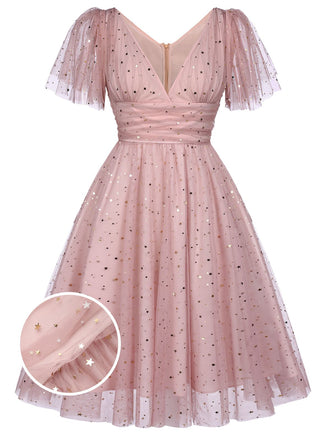 [US Warehouse] Pink 1950s Star Sequin Lace Swing Dress
