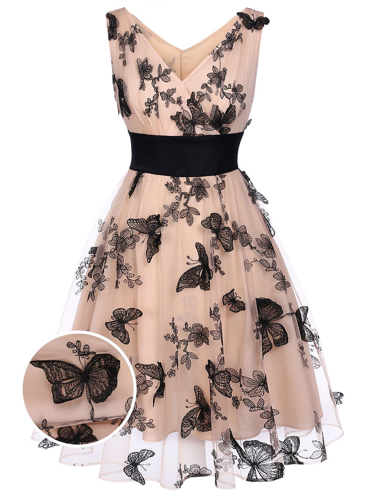 Nude 1950s Lace Butterfly Swing Dress