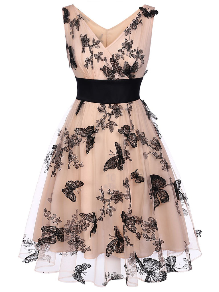 Nude 1950s Lace Butterfly Swing Dress