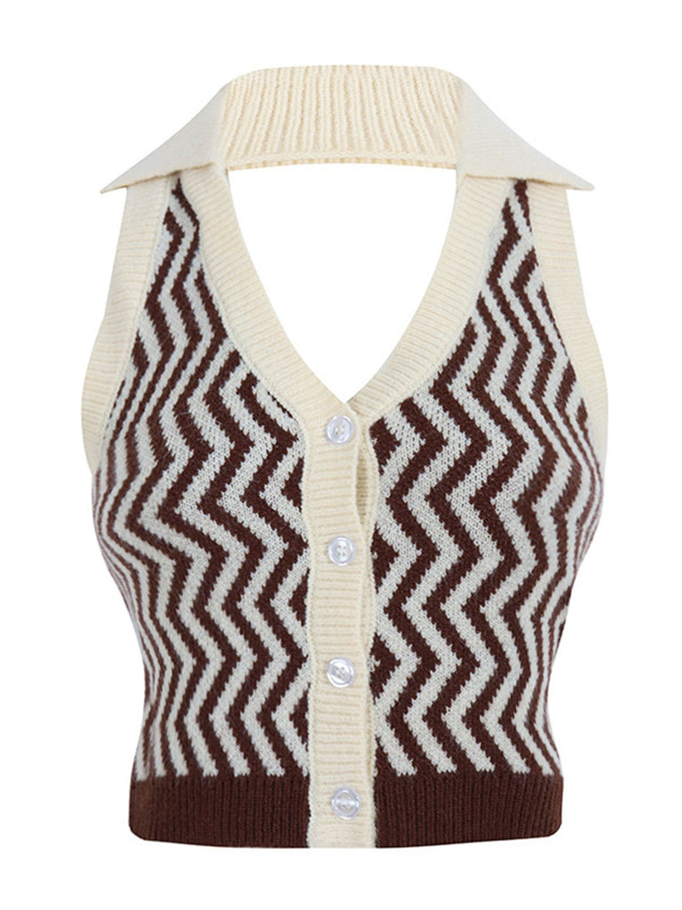 Khaki 1950s Knitting Stripes Halter Button Tops