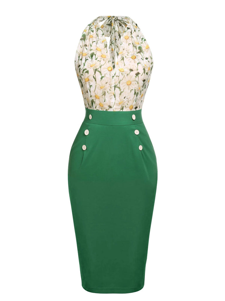 1960s Floral Lace-up Button Pencil Dress