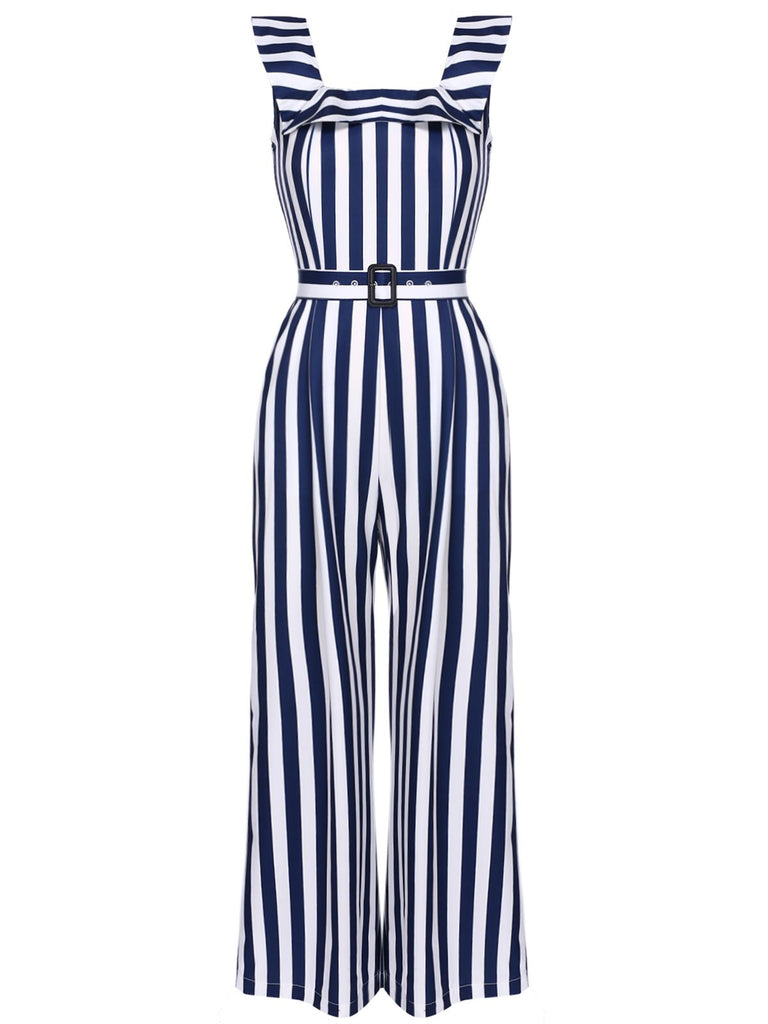 Blue 1930s Striped Ruffle Jumpsuit