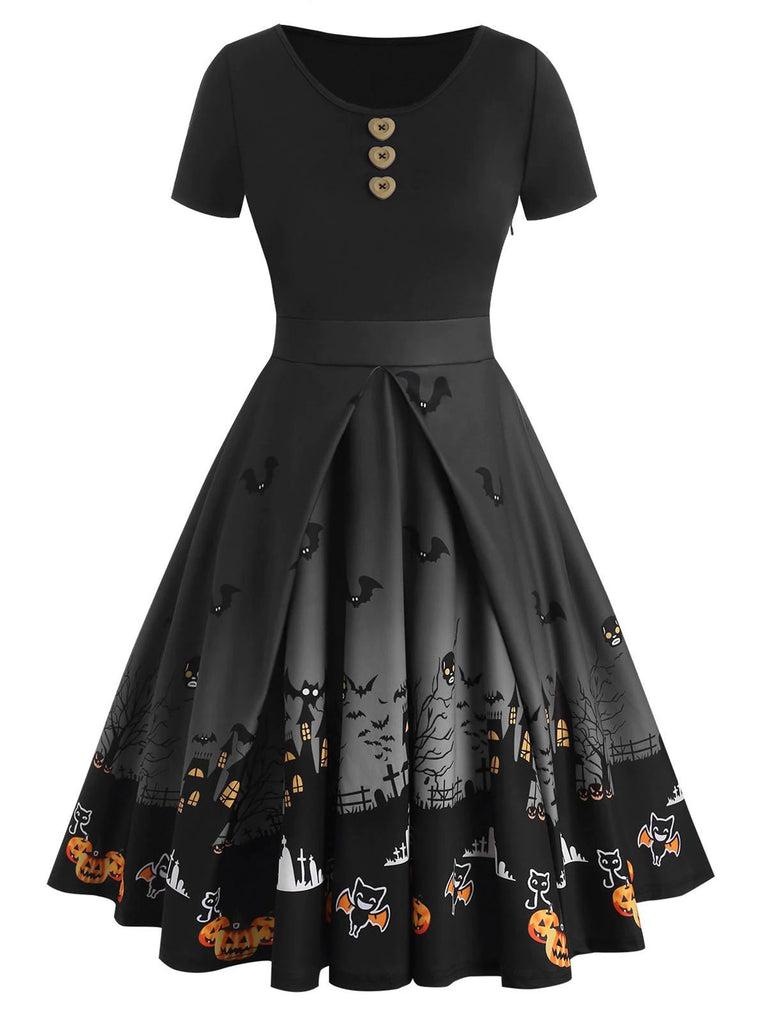 Black 1950s Halloween Button Dress