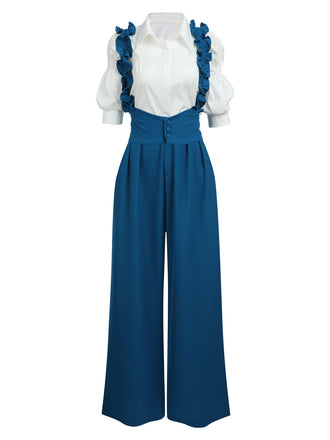 2PCS 1950s Ruffled Blouse & Solid Suspender Pants