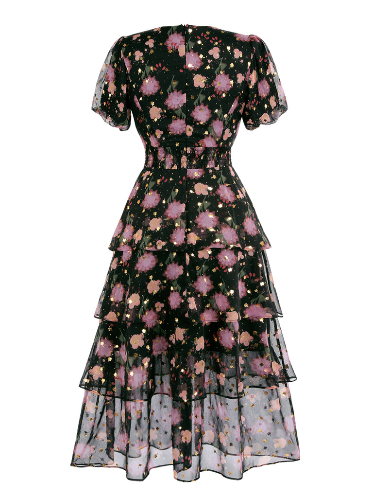 Black 1950s Lace Flowers Swing Dress