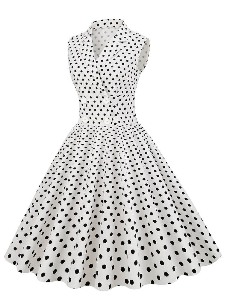 White 1950s Polka Dot Lapel Swing Dress