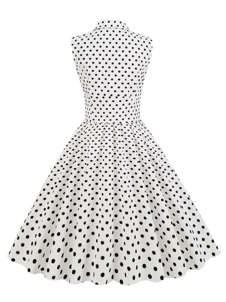 White 1950s Polka Dot Lapel Swing Dress