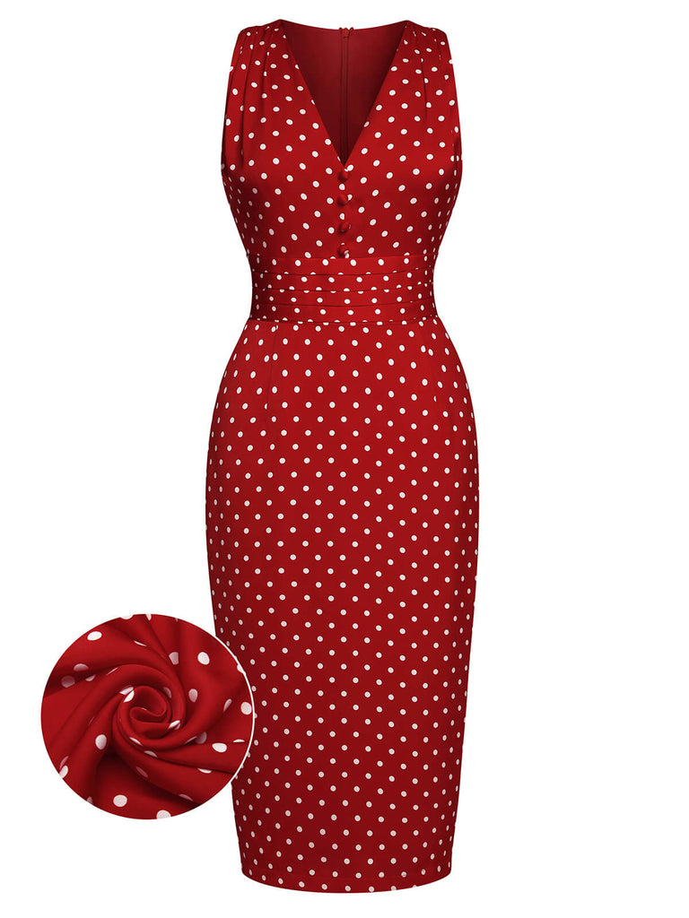Red 1960s Dots V-Neck Pencil Dress