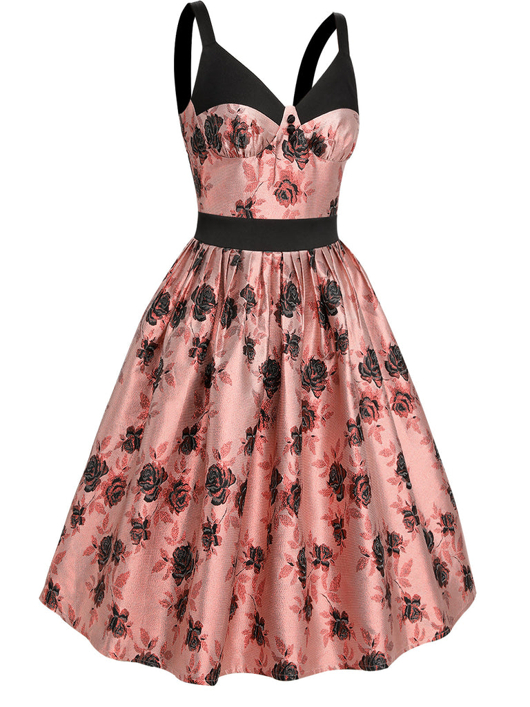 1950s Roses Embossed Satin Swing Dress