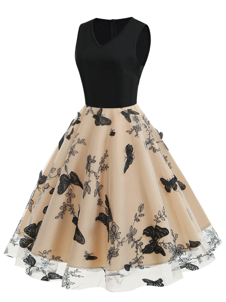 1950s Butterfly Embroidered Mesh Patchwork Dress