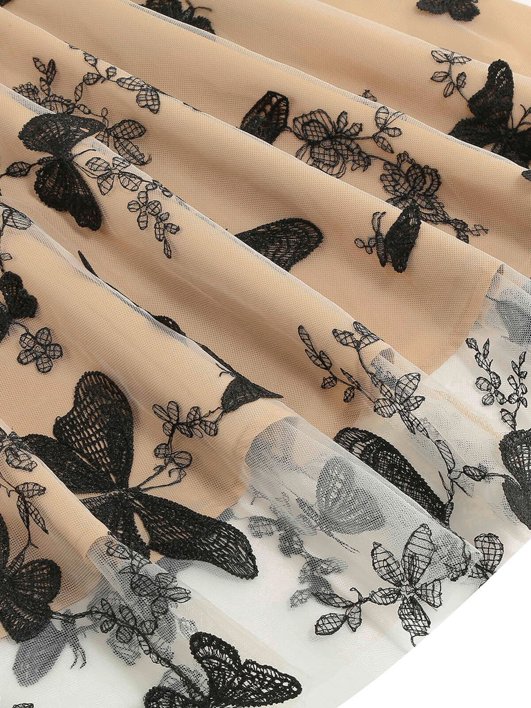1950s Butterfly Embroidered Mesh Patchwork Dress
