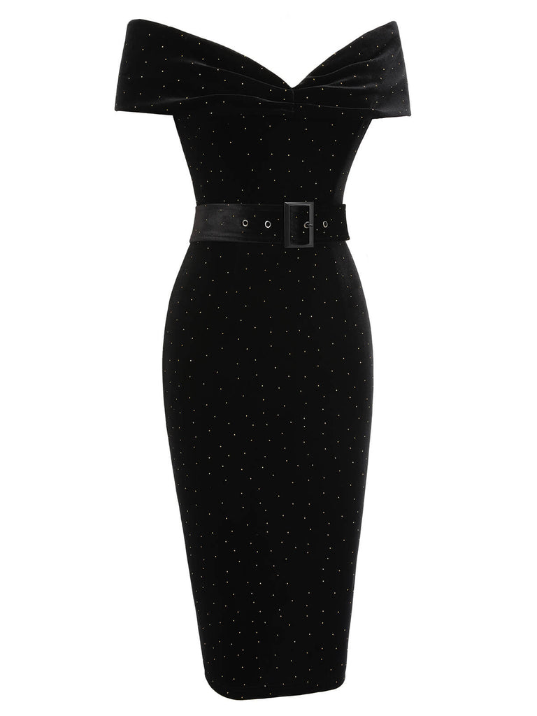 Black 1960s Off-Shoulder Rhinestones Velvet Dress