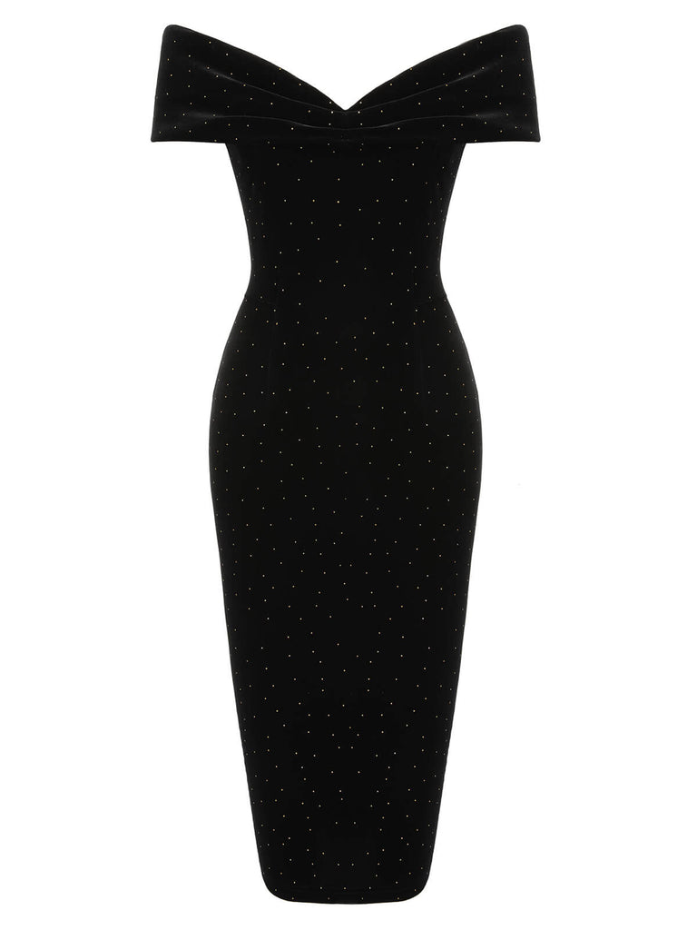 Black 1960s Off-Shoulder Rhinestones Velvet Dress