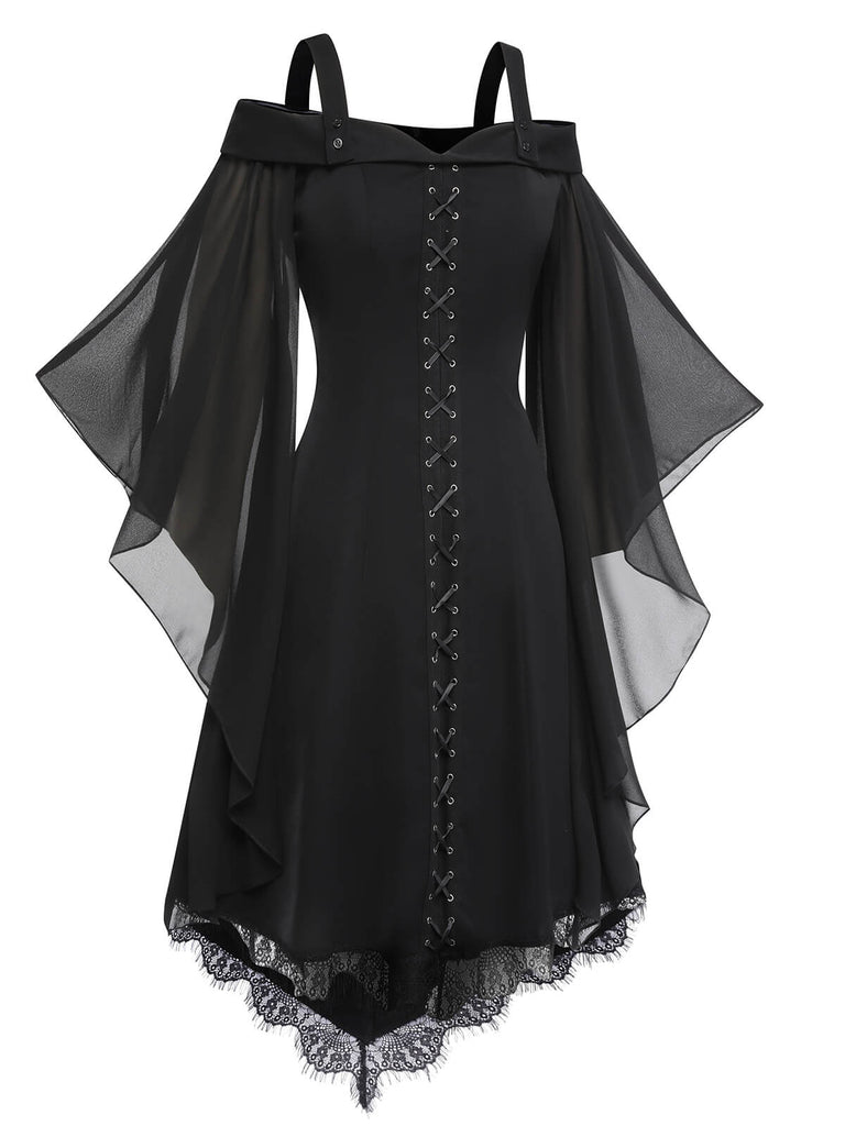[US Warehouse] Black 1950s Bat Sleeve Lace-Up Dress