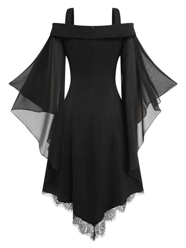 [US Warehouse] Black 1950s Bat Sleeve Lace-Up Dress