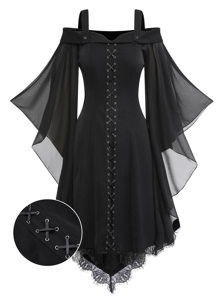 [US Warehouse] Black 1950s Bat Sleeve Lace-Up Dress