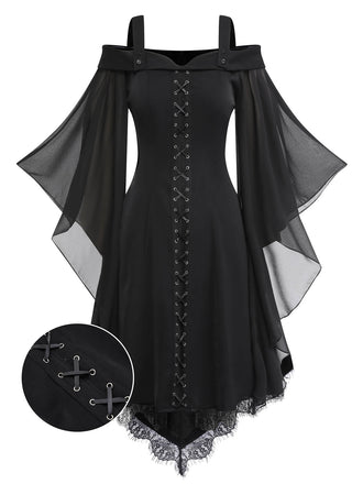 [US Warehouse] Black 1950s Bat Sleeve Lace-Up Dress