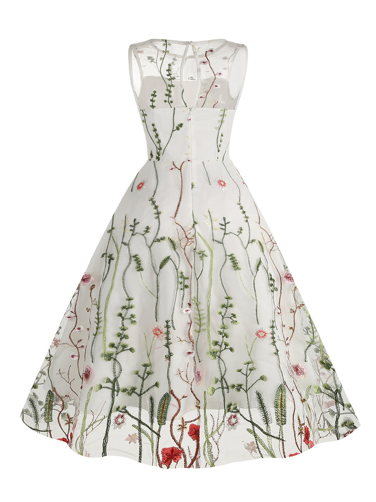 1950s Flower Gauze Sleeveless Swing Dress