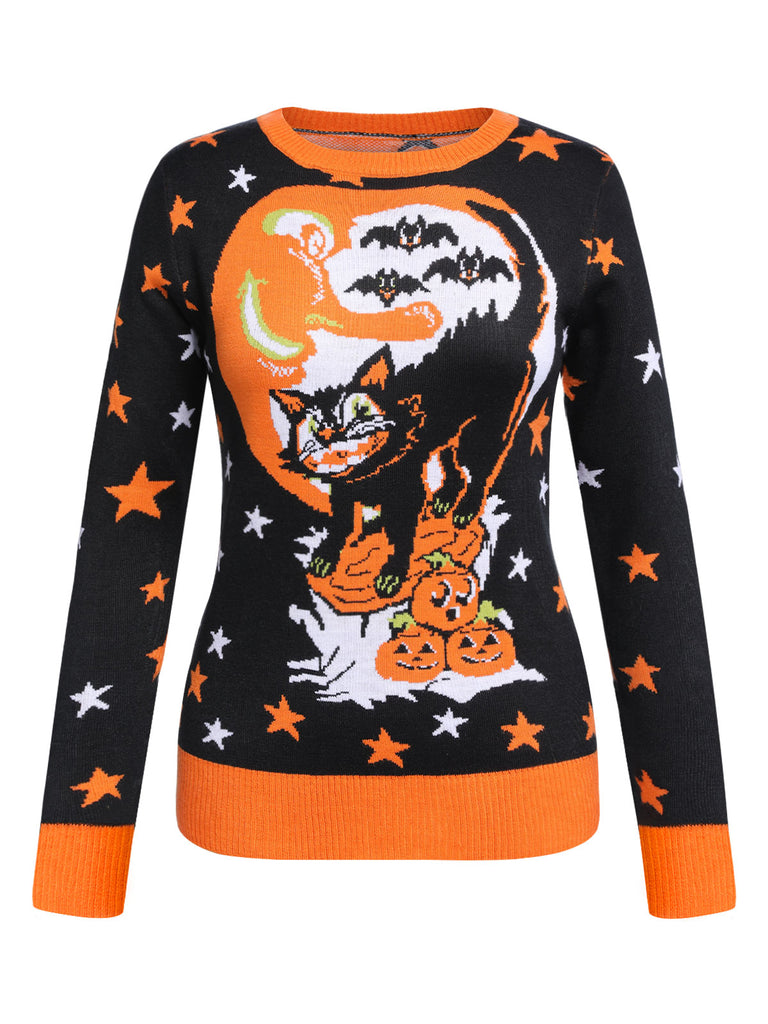 Black 1950s Funny Halloween Cat Sweater