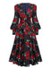 Black 1940s Rose Lantern Sleeve Lace-Up Dress
