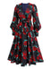Black 1940s Rose Lantern Sleeve Lace-Up Dress