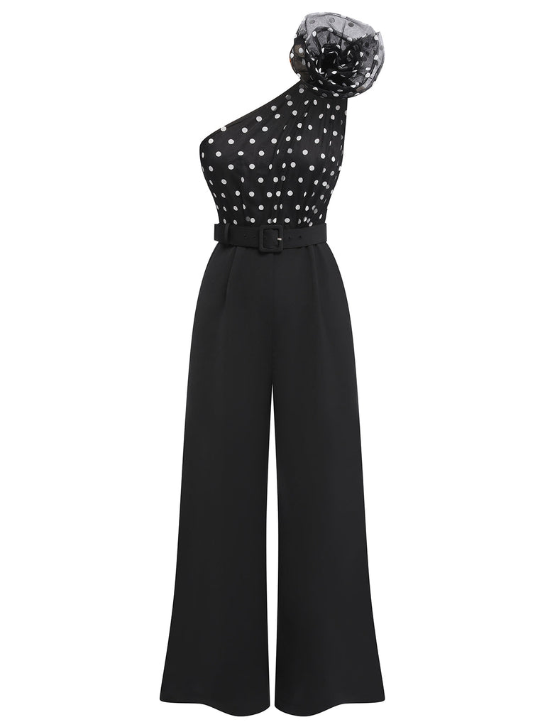 Black 1950s Polka Dots Patchwork Jumpsuit