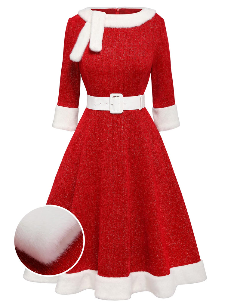 [Pre-Sale] Red 1950s Solid Plush Christmas Dress