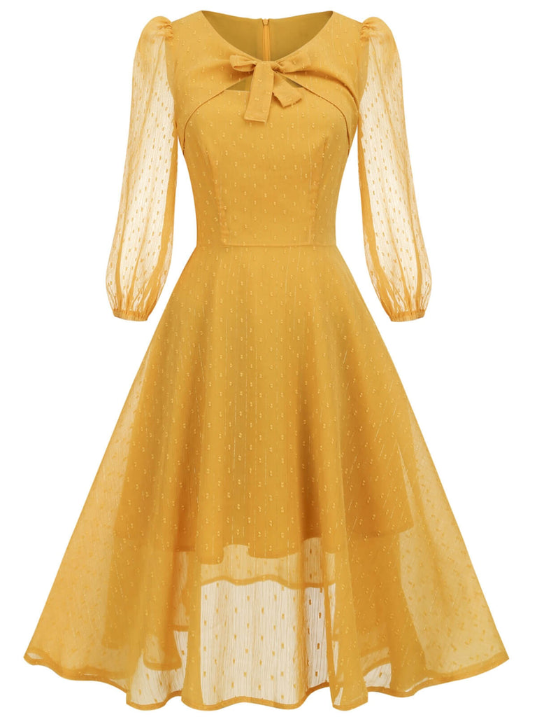Yellow 1950s Transparent Sleeve Patchwork Dress