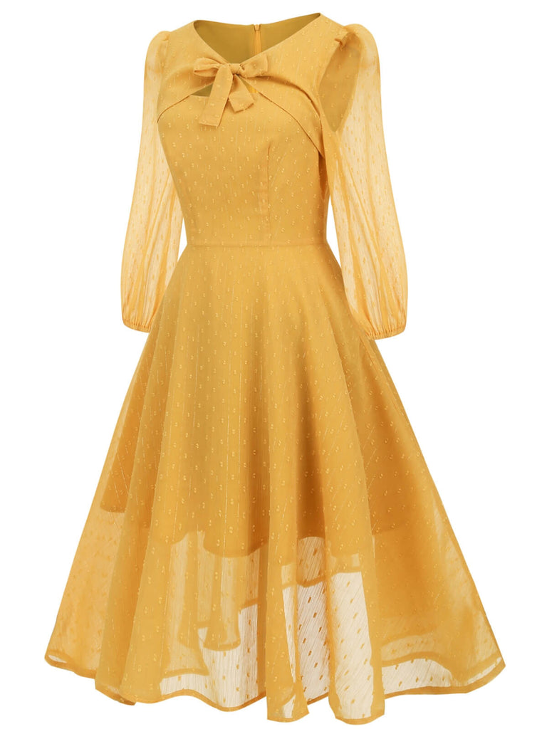 Yellow 1950s Transparent Sleeve Patchwork Dress