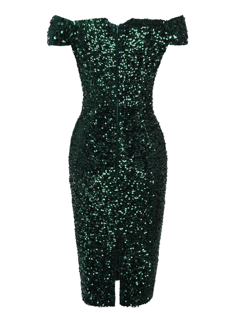 Green 1960s Sequins Off-Shoulder Pencil Dress