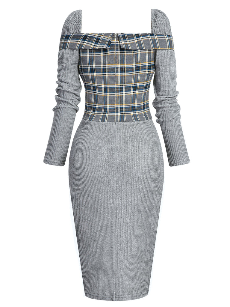 Gray 1960s Plaid Patchwork Pencil Dress