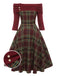 Wine Red 1950s Plaids Off-Shoulder Dress