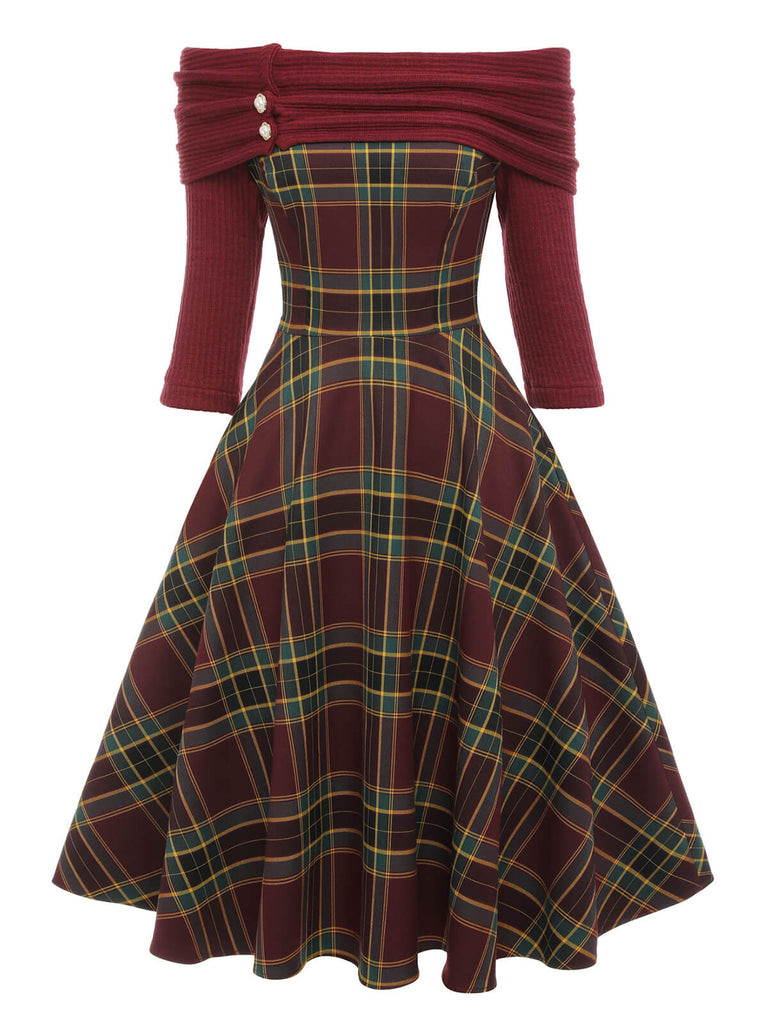 Wine Red 1950s Plaids Off-Shoulder Dress